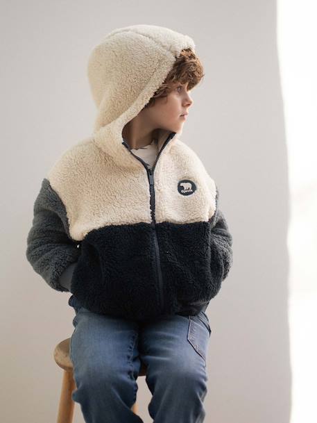 Garçon-Pull, gilet, sweat-Sweat à capuche zippé en sherpa coloblock garçon