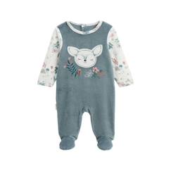 Bébé-Pyjama, surpyjama-Pyjama bébé en velours PETIT BEGUIN - Ma Petite Bichette - Bleu - Manches imprimées - Patch biche