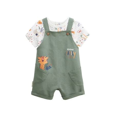 Ensemble salopette bébé en lin et t-shirt Savane Family VERT 1 - vertbaudet enfant 