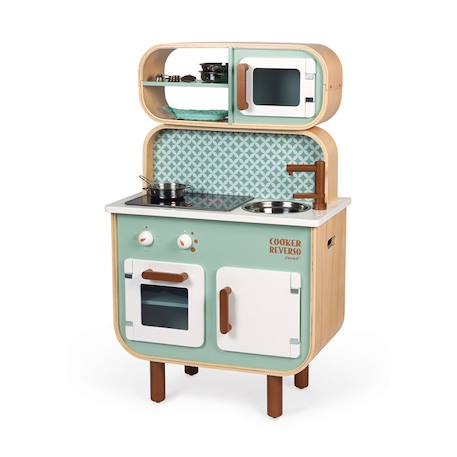 Cuisine double face Cooker Reverso en bois JANOD - Jouet d'imitation 2-en-1 avec 8 accessoires VERT 1 - vertbaudet enfant 