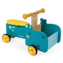 Jouet-Premier âge-Porteur Hippo en Bois JANOD - Développe la Motricité et l'Équilibre - Casier pour Jouets - Poignées Ergonomiques - Roues en Caoutcho