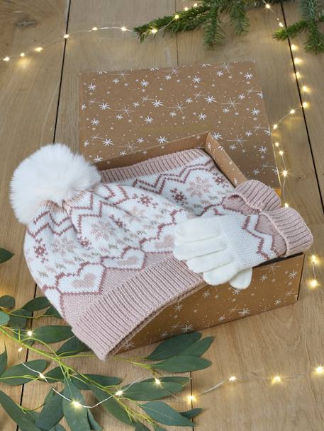 Fille-Accessoires-Coffret de Noël Jacquard fille ensemble bonnet + snood + gants