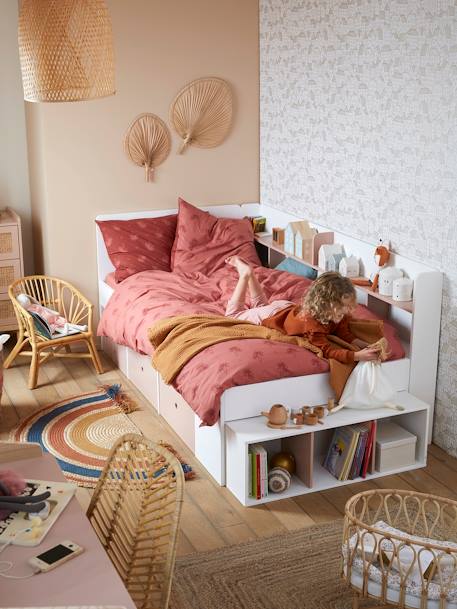 Lit plateforme enfant avec rangements BASEO blanc+bleu grisé+rose nude 10 - vertbaudet enfant 