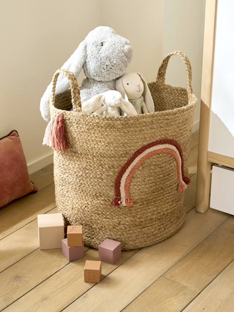 Panier de rangement Arc-en-ciel en jute avec pompons beige 1 - vertbaudet enfant 