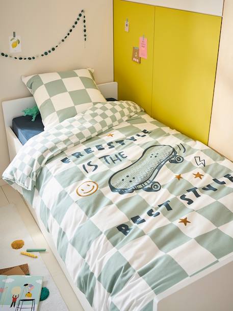 Parure housse de couette + taie d'oreiller enfant DAMIER FREESTYLE, avec coton recyclé carreaux vert 10 - vertbaudet enfant 