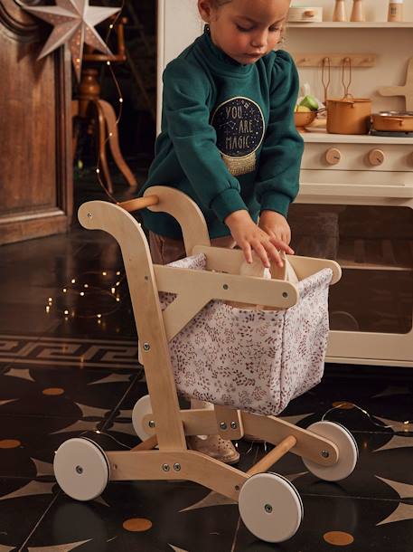 Chariot de courses en tissu et bois FSC® BEIGE MOYEN UNI AVEC DECOR 4 - vertbaudet enfant 