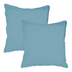 Linge de maison et décoration-Linge de lit enfant-Set de 2 taies d’oreiller unies à franges, COTON LAVÉ Bleu glacier 65x65 cm