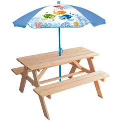 Chambre et rangement-MA PETITE CARAPACE - Table pique-nique en bois h.53 x l.95 x ø 100 cm avec parasol tortue h.125 x ø 100 cm pour enfant