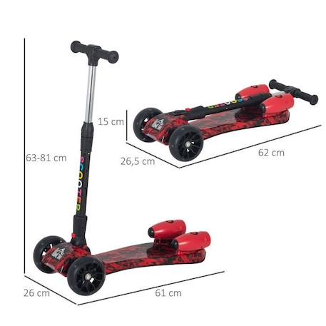 Trottinette pliable 3 roues pour enfant roues lumineuses pulvérisation arrière d'eau fonction musicale rouge dim. 61L x 26l x 63-81H ROUGE 3 - vertbaudet enfant 