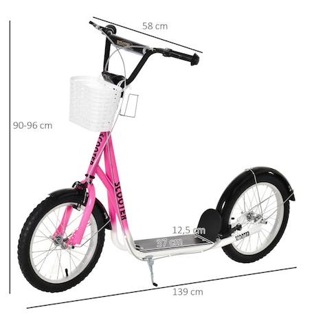 Trottinette patinette enfant grandes roues pneumatiques guidon réglable frein AV-AR garde-boue béquille panier métal rose blanc ROSE 3 - vertbaudet enfant 