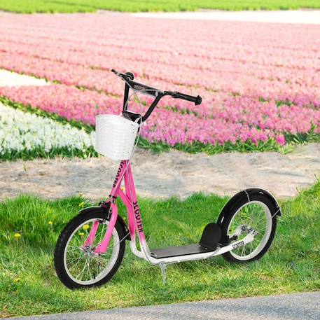 Trottinette patinette enfant grandes roues pneumatiques guidon réglable frein AV-AR garde-boue béquille panier métal rose blanc ROSE 2 - vertbaudet enfant 