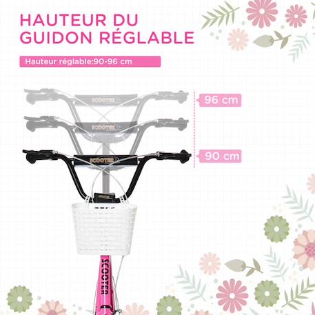 Trottinette patinette enfant grandes roues pneumatiques guidon réglable frein AV-AR garde-boue béquille panier métal rose blanc ROSE 4 - vertbaudet enfant 