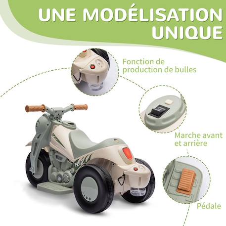 Moto électrique enfants AIYAPLAY 3 roues, 6 V, 3 km/h, avec fonction de bulles, effets lumineux et sonores, 2 à 5 ans, crème VERT 6 - vertbaudet enfant 