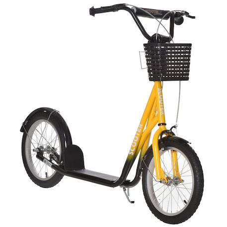 Trottinette patinette enfant grandes roues pneumatiques guidon réglable frein AV-AR garde-boue béquille panier métal jaune noir JAUNE 1 - vertbaudet enfant 