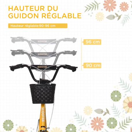 Trottinette patinette enfant grandes roues pneumatiques guidon réglable frein AV-AR garde-boue béquille panier métal jaune noir JAUNE 4 - vertbaudet enfant 