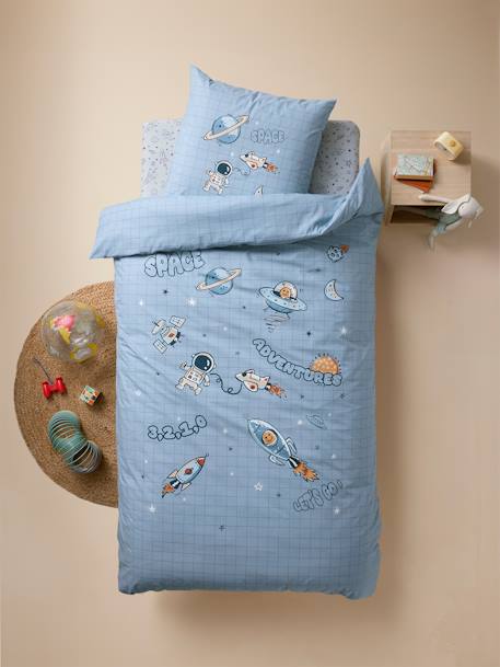 Parure housse de couette + taie d'oreiller enfant INTERGALACTIC, avec coton recyclé bleu imprimé 1 - vertbaudet enfant 