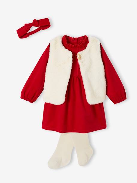 Ensemble de Noël bébé : robe, gilet en fausse fourrure, collants et bandeau assorti  - vertbaudet enfant