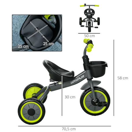 Tricycle enfants AIYAPLAY avec sonnette et panier - selle réglable avec dossier - pour enfant de 2 à 5 ans noir NOIR 4 - vertbaudet enfant 