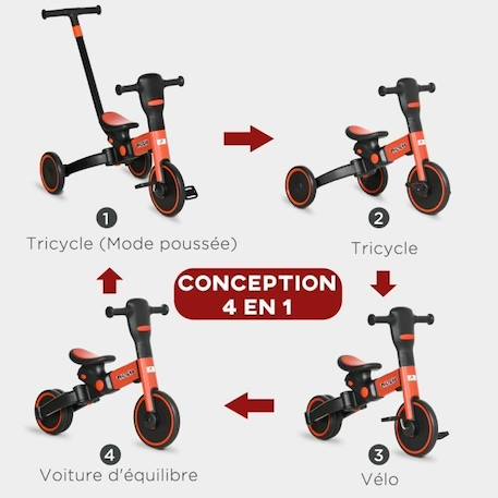 Tricycle enfant évolutif 4 en 1 - tricycle à pousser, tricycle simple, draisienne, vélo - canne télescopique - guidon pliable - alu ROUGE 4 - vertbaudet enfant 