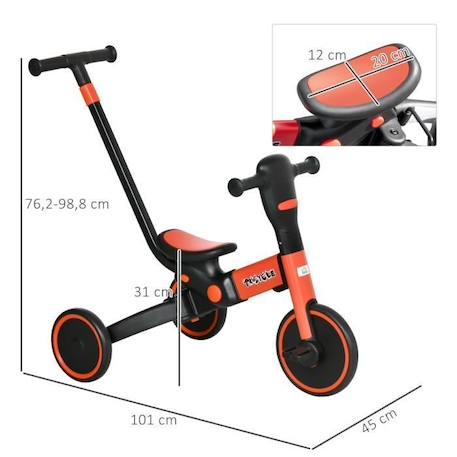 Tricycle enfant évolutif 4 en 1 - tricycle à pousser, tricycle simple, draisienne, vélo - canne télescopique - guidon pliable - alu ROUGE 3 - vertbaudet enfant 