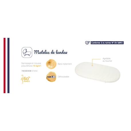 Matelas De Landau 32x72x4cm - Sans Traitement - Déhoussable - Idéal Landau Seconde Main - Fabriqué En France - Garantie 5 ans BLANC 3 - vertbaudet enfant 