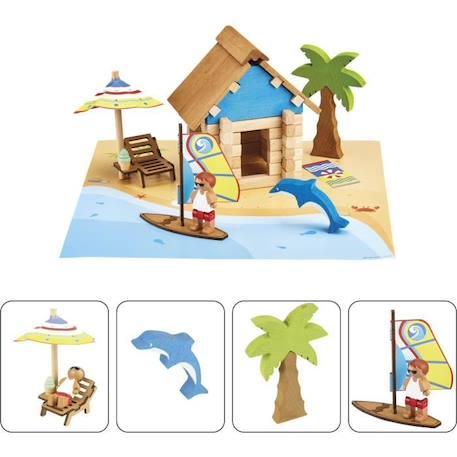 La Cabane de Plage 55 Pièces - JEUJURA - Jeu de Construction en Bois Naturel, Tapis et Accessoires Inclus, 22x18,5x8,5 cm MULTICOLORE 3 - vertbaudet enfant 