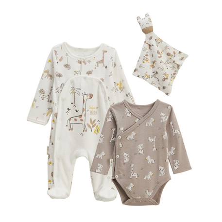 Kit naissance 3 pièces pyjama, body et doudou Baby Safari BEIGE 1 - vertbaudet enfant 