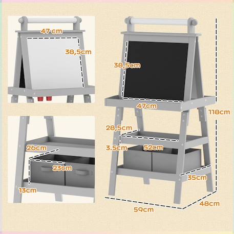 Tableau chevalet enfant AIYAPLAY 3 en 1 tableau blanc magnétique, tableau à craie rouleau papier 2 paniers intégrés - 3-6 ans gris GRIS 4 - vertbaudet enfant 