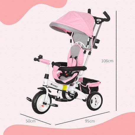 Tricycle Enfant HOMCOM évolutif Pare-Soleil Pliable Canne télescopique Amovible 95 x 50 x 106 cm Acier Rose ROSE 4 - vertbaudet enfant 