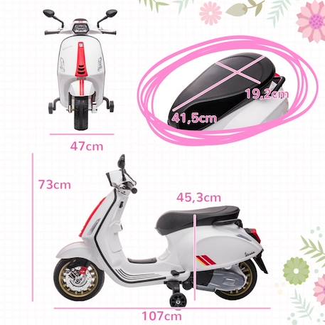 Scooter électrique enfant AIYAPLAY Vespa 6 V dim. 107L x 47l x 73H cm Musique MP3 Port USB Phare 2 roulettes, pour 3-6 ans, Blanc BLANC 4 - vertbaudet enfant 