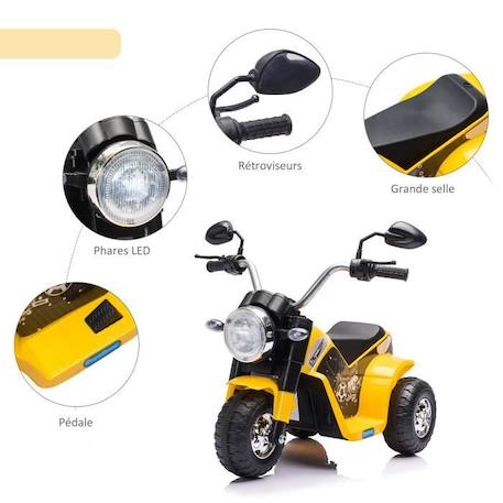 Moto électrique enfant chopper tout-terrain 6 V 20 W marche AV AR 3 roues effets lumineux et sonores jaune noir JAUNE 4 - vertbaudet enfant 