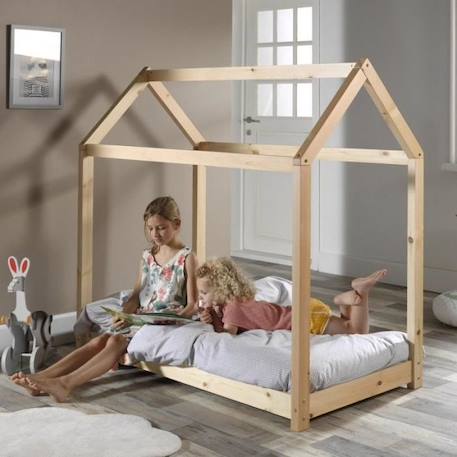 Lit cabane avec sommier en pin massif naturel 70x140 Alva BEIGE 1 - vertbaudet enfant 