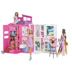 Jouet-Jeux d'imagination-Barbie-Maison de vacances-Coffret et poupée, 4 zones et 11 accessoires HRJ77