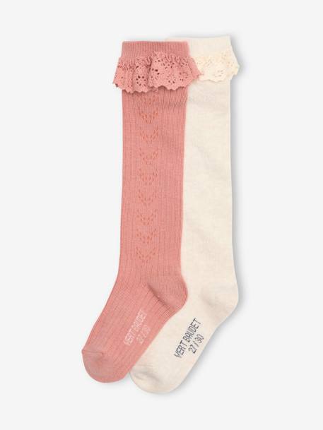 Fille-Lot de 2 paires de chaussettes hautes en maille ajourée et dentelle fille