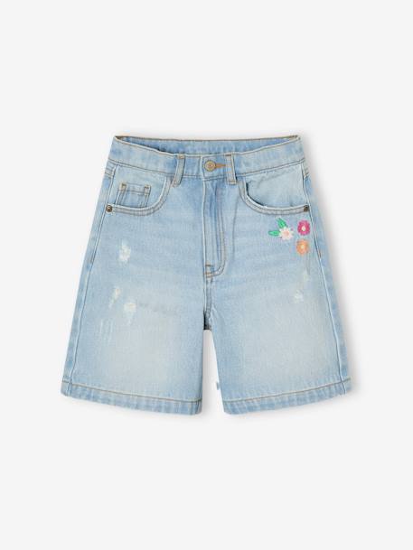 Fille-Short-Bermuda en jean brodé fleurs