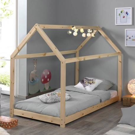 Lit cabane avec sommier en pin massif naturel 90x200 Alva BEIGE 2 - vertbaudet enfant 