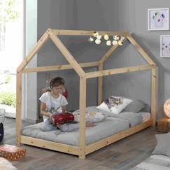 Chambre et rangement-Lit cabane avec sommier en pin massif naturel 90x200 Alva