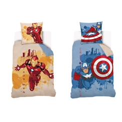 Linge de maison et décoration-Linge de lit enfant-MARVEL - Housse de couette réversible Captain America et Iron Man 140x200 cm - 100% Coton - Bleu et Jaune