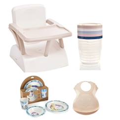 Puériculture-Chaise haute, réhausseur-Pack Repas 2ème Âge - Thermobaby - Rehausseur chaise - 5 boîtes de conservation - Coffret vaisselle - Bavoir semi-rigide