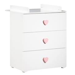 Puériculture-Commode à langer - Babyprice - Basic - 3 tiroirs - En bois - Boutons cœur rose