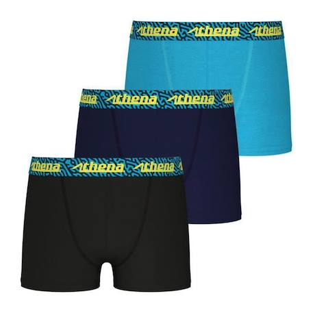 Garçon-Sous-vêtement-Lot de 3 boxers Easy Fun ATHENA - Garçon - Noir-marine-bleu - Ceinture en microfibre - Coupe doublée devant