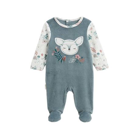 Bébé-Pyjama bébé en velours PETIT BEGUIN - Ma Petite Bichette - Bleu - Manches imprimées - Patch biche