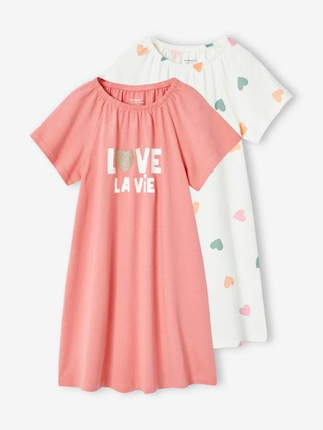 Fille-Pyjama, surpyjama-Lot de 2 chemises de nuit coeurs