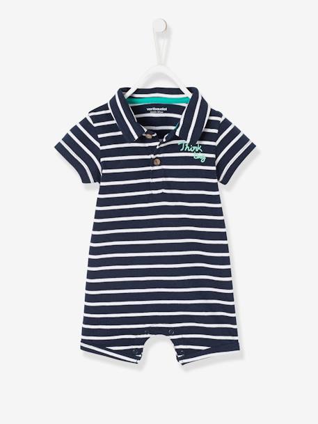 Combinaison de plage col polo bébé garçon bleu marine/blanc+caramel rayé 1 - vertbaudet enfant 