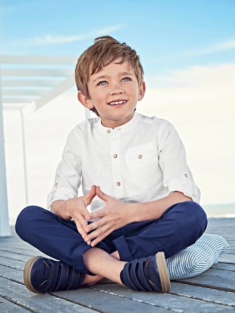 Chemise col Mao en coton/lin garçon manches retroussables blanc+bleu ciel+Bleu moyen+vert 10 - vertbaudet enfant 