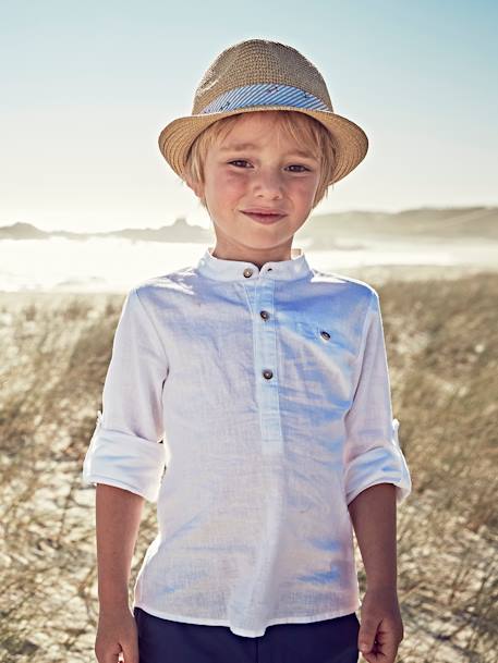 Chemise col Mao en coton/lin garçon manches retroussables blanc+bleu ciel+Bleu moyen+vert 2 - vertbaudet enfant 