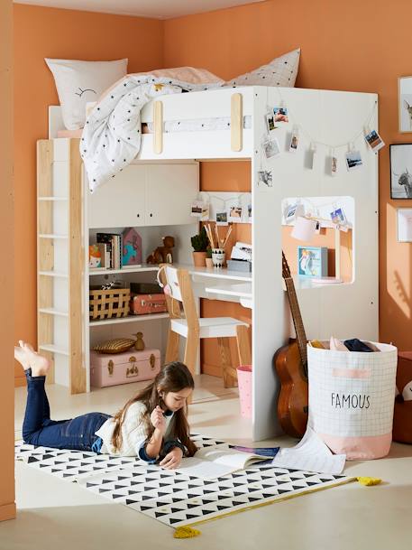 Lit mezzanine avec bureau et rangement LIGNE EVEREST blanc/bois+Kaki 2 - vertbaudet enfant 