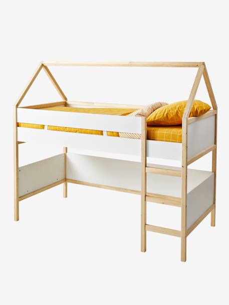 Lit mi-hauteur Cabane blanc/bois 1 - vertbaudet enfant 